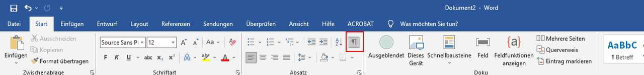 Screenshot: Formatierungszeichen ein- und ausblenden